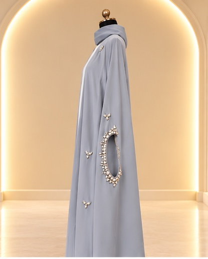 Liyana Jewelled 3 - Piece Abaya Set- Silver Grey