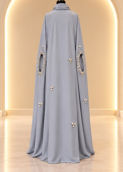 Liyana Jewelled 3 - Piece Abaya Set- Silver Grey