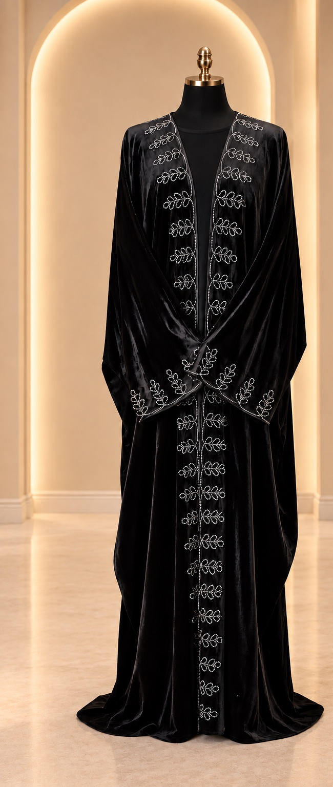 Layali Leaf Velvet 3-Piece Abaya Set